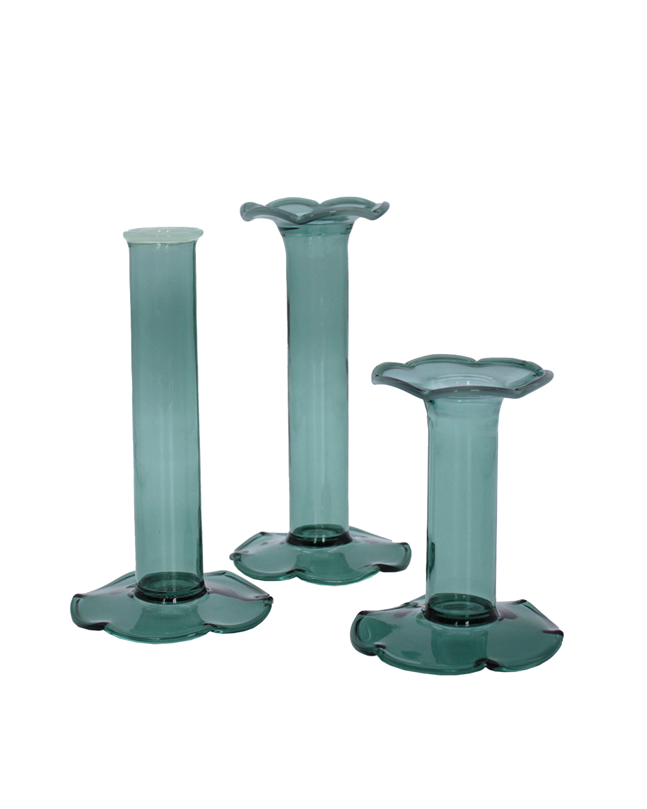 Trio of Smokey Green Petal Stem Vases