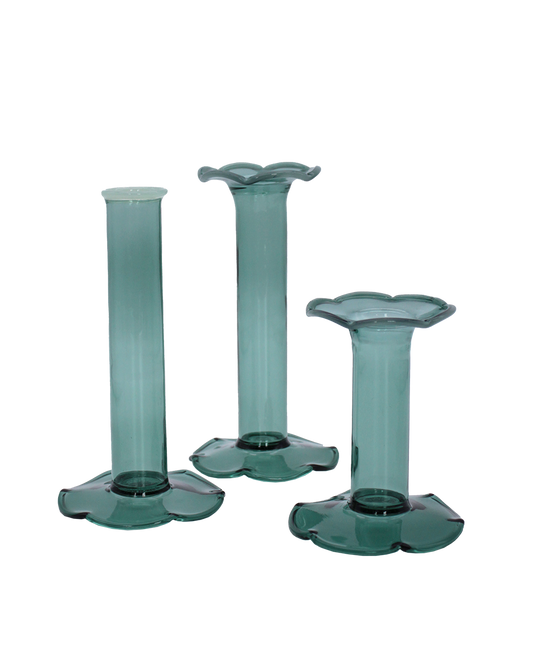 Trio of Smokey Green Petal Stem Vases